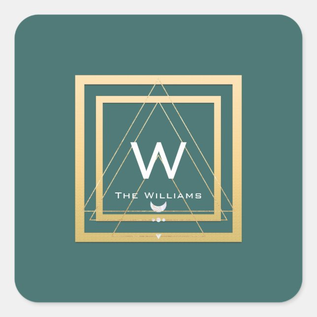 Monogram Golden Frame Minimalism Geometrie Aquamar Quadratischer Aufkleber (Vorderseite)