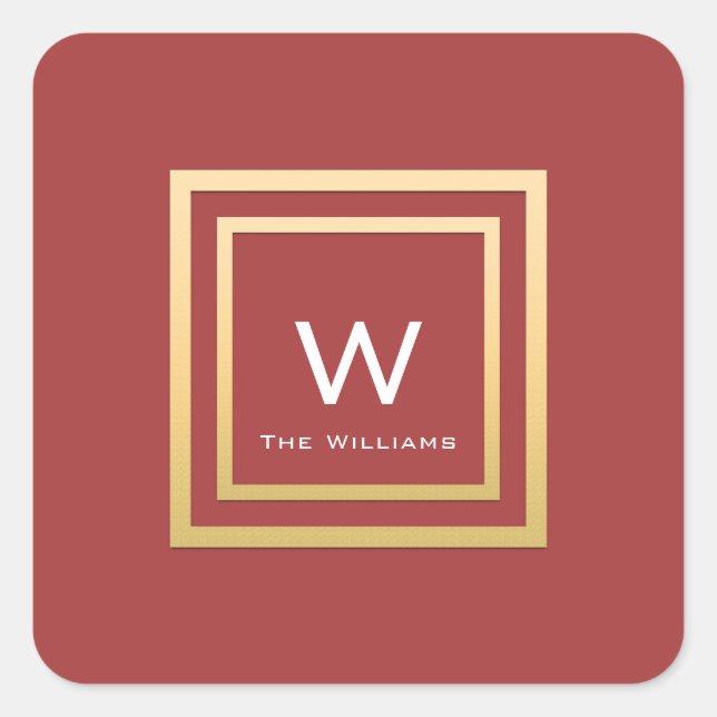 Monogram Golden Frame Minimalism Geometrie Rote Bo Quadratischer Aufkleber (Vorderseite)