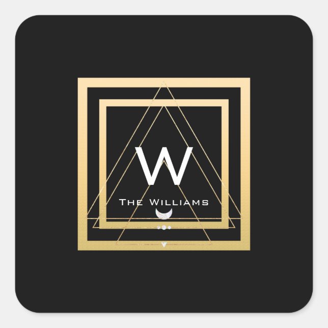 Monogram Golden Frame Minimalism Geometrie Schwarz Quadratischer Aufkleber (Vorderseite)