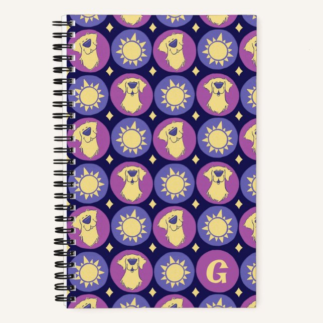 Monogram Golden Retriever Whimsical Sun Custom Notizbuch (Vorderseite)