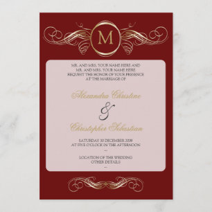 Monogram Golden Wirbel Elegante Rote Hochzeit Einladung