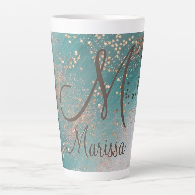 Monogram-Goldstars auf Aquamariner Latte-Tasse Milchtasse (Vorderseite)
