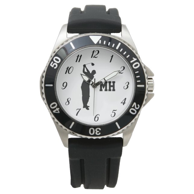 Monogram Golfer Black Golf Elegante Moderne Armbanduhr (Vorderseite)