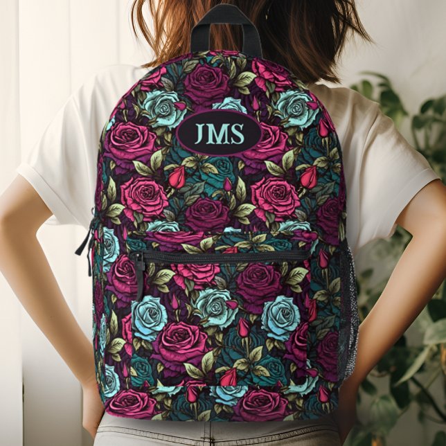 Monogram Gothic Rose Rosa Lila und Blau Blüten Bedruckter Rucksack (Von Creator hochgeladen)