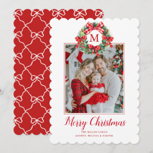 Monogram Grandmillennial Weihnachts-Kranzschleifen Feiertagskarte