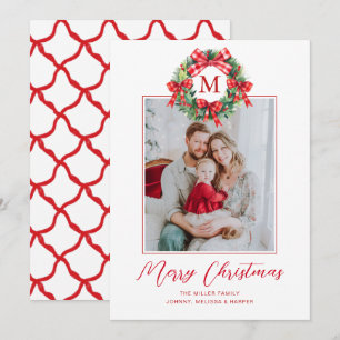 Monogram Grandmillennial Weihnachts-Kranzschleifen Feiertagskarte