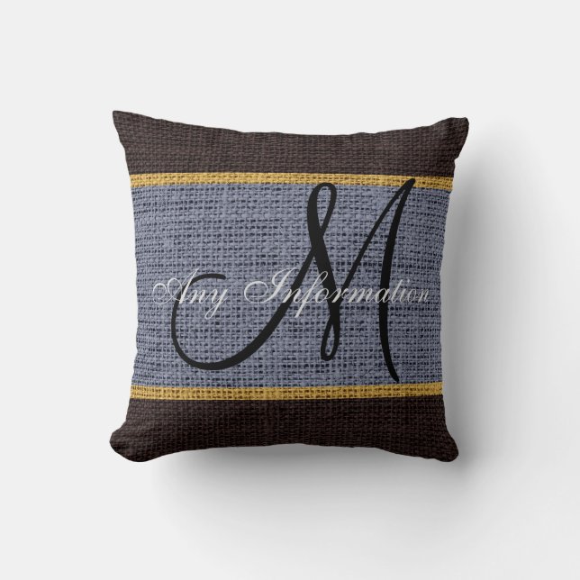 Monogram, grau & braun Rustic Burlap Jute Kissen (Vorderseite)