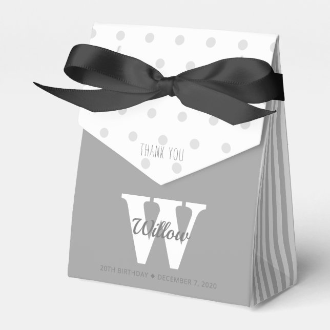Monogram graue Polka Dots Stripes Favor Box Geschenkschachtel (Vorderseite)