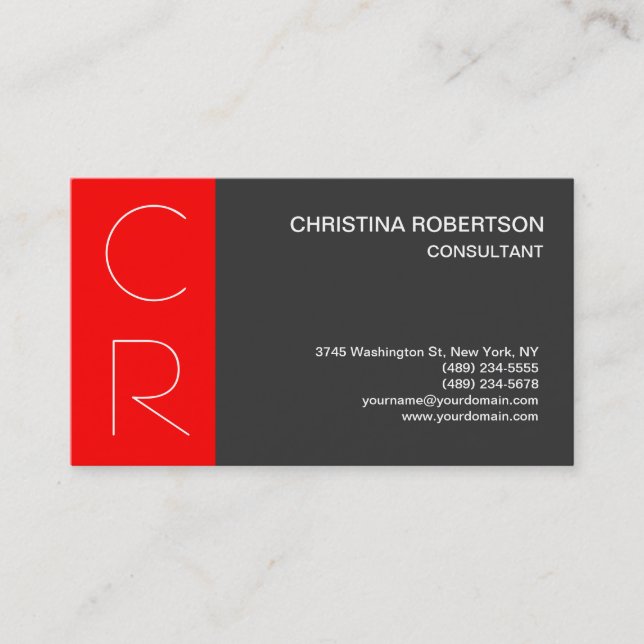 Monogram, Gray Red Strip Business Card Visitenkarte (Vorderseite)