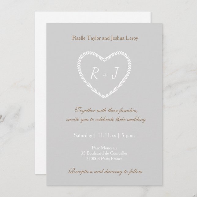 Monogram, Gray White Gold Heart Shaping Wedding Einladung (Vorne/Hinten)