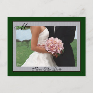 Monogram Green Artistic Save the Date Postcard Ankündigungspostkarte