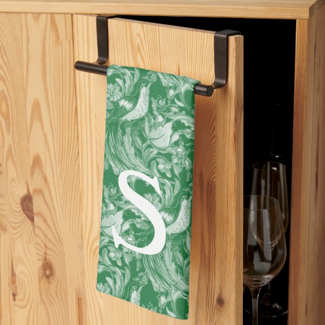 Monogram Green Bird Floral Vintag Art Geschirrtuch (Drittel gefaltet)