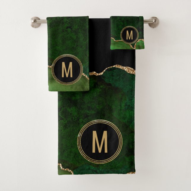 Monogram Green Black Marble Agate Gold Glitzer Badhandtuch Set (Insitu)