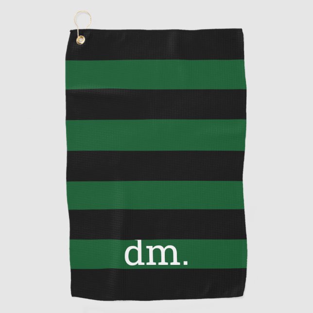 Monogram Green & Black Strip Golf Handtuch mit Tex (Vorderseite)