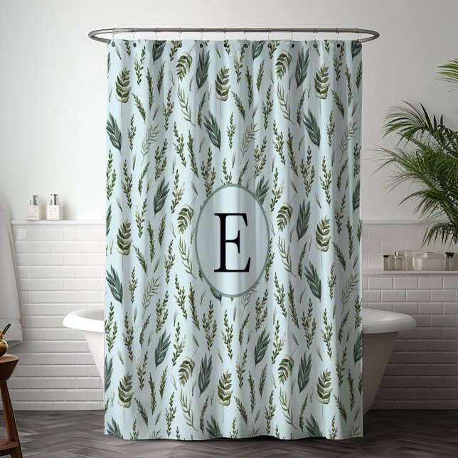 Monogram Green Blätter Botanical Pattern Duschvorhang (In situ bathroom)