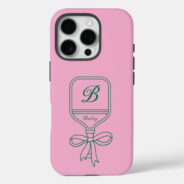 Monogram Green Bow Pickleball Paddle Pink Case-Mate iPhone Hülle (Rückseite)