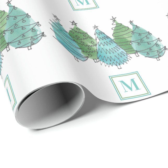 Monogram Green Christmas Trees Geschenkpapier (Rolleneckpunkt)