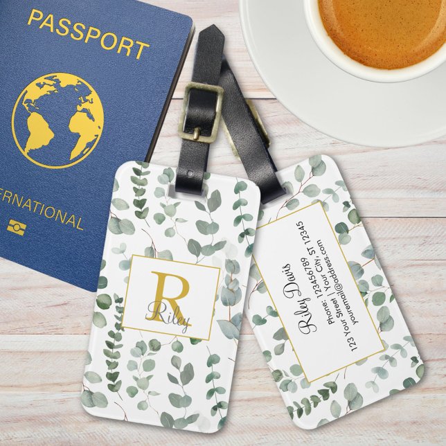 Monogram Green Eucalyptus Verlasst Grünmuster Gepäckanhänger (In situ)