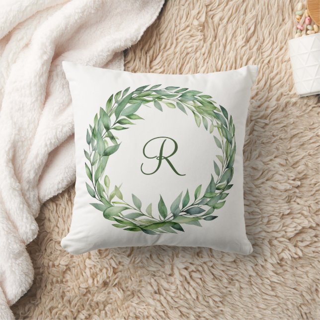 Monogram Green Eucalyptus Wreath Greenerenereneren Kissen (Decke)