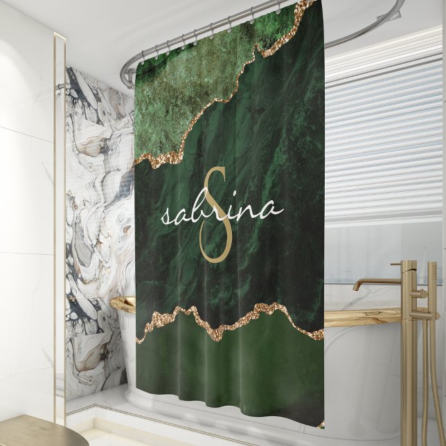 Monogram Green Gold Agate Geode Duschvorhang (Von Creator hochgeladen)