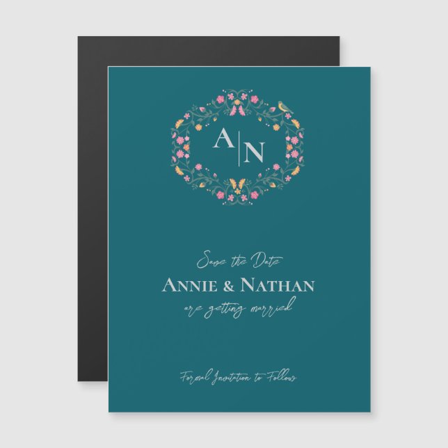 Monogram Green Intricate Floral Frame Wedding Magnetkarte (Vorne/Hinten)