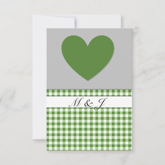 Monogram Green Kariert Heart Wedding RSVP Card (Vorderseite)