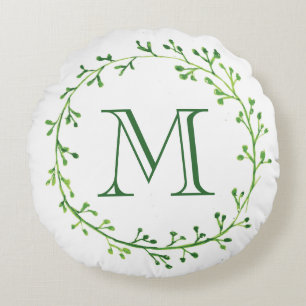 Monogram Green Leafy Wreath Rundes Kissen