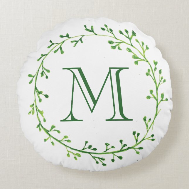 Monogram Green Leafy Wreath Rundes Kissen (Vorderseite)