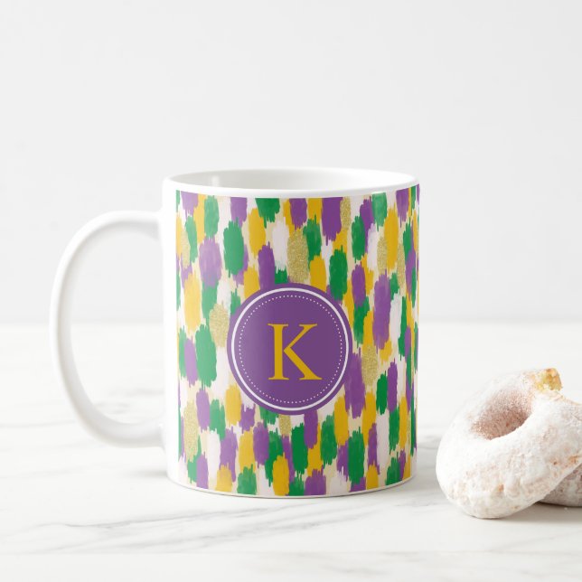 Monogram Green Lila Yellow Brushstrikes Muster Kaffeetasse (Mit Donut)