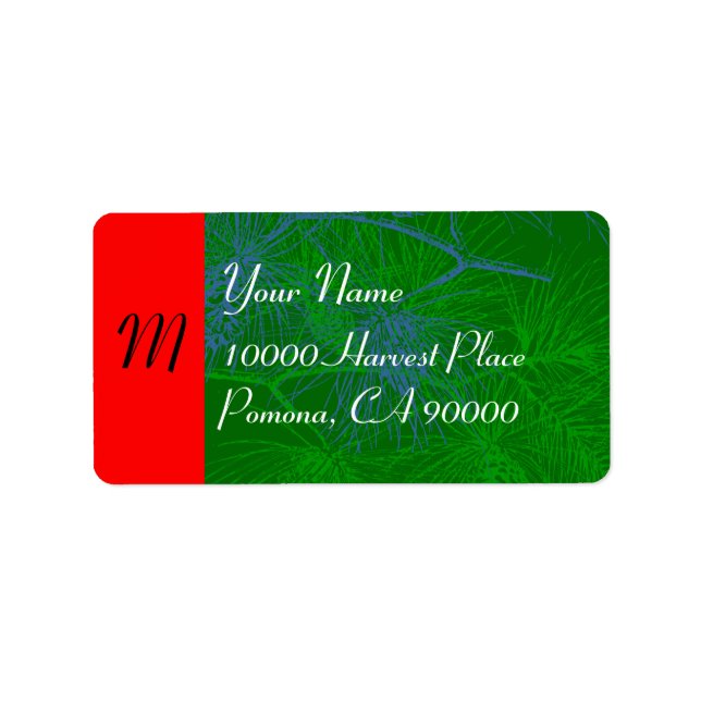 Monogram Green Pine Simple Holiday Address Labels Adressaufkleber (Vorne)