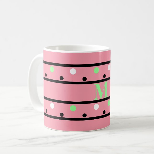 Monogram Green Pink White Polka Dots Kaffeetasse (Vorderseite Links)