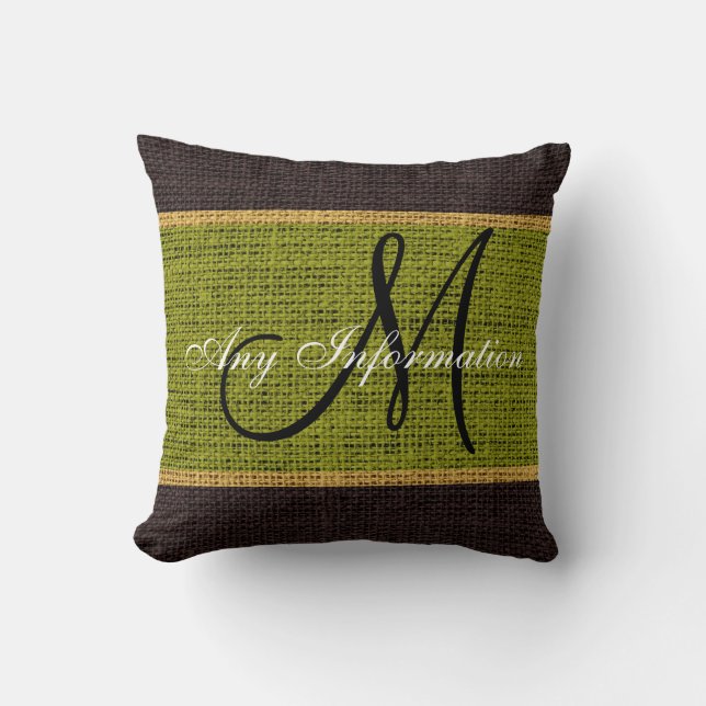 Monogram Green Rustic Burlap Jute Kissen (Vorderseite)