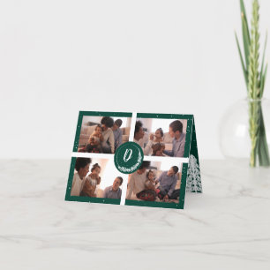 Monogram Green Snowy Pine Tree Forest 3-Foto Feiertagskarte