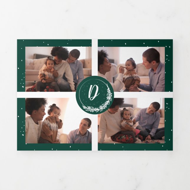 Monogram Green Snowy Pine Tree Forest 6-Foto Dreifach Gefaltete Urlaubskarte (Cover)