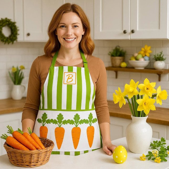 Monogram Green Strip mit Carrots Garden Girl Schürze (spring carrot apron  mockup )