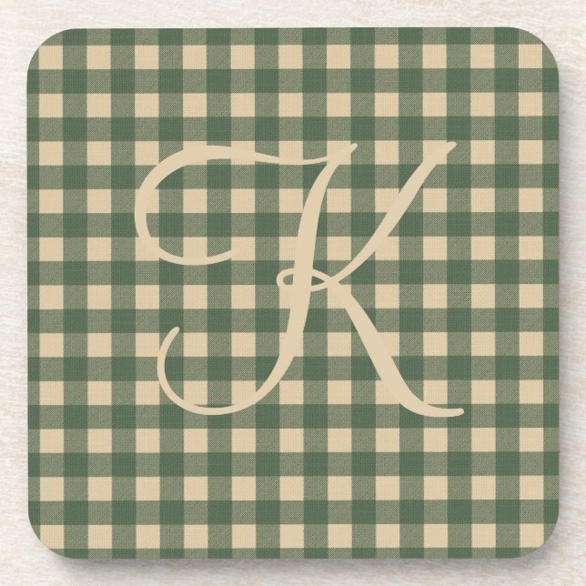 Monogram Green Tan Buffalo Kariert Rustikales Land Getränkeuntersetzer (Vorderseite)
