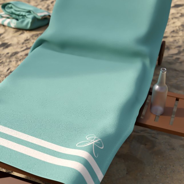 Monogram Green und Cream Stripes Elegant Strandtuch (Suitable for all mermaids. Just add your initial)