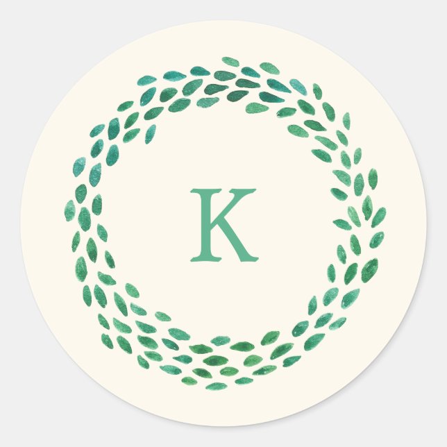 Monogram Green Watercolor Weihnachtskranz Elfenbei Runder Aufkleber (Vorderseite)