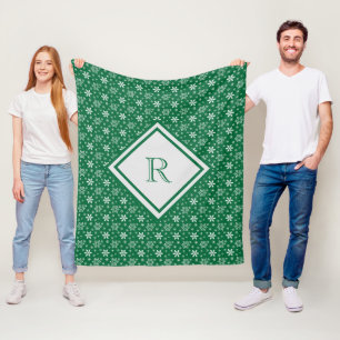Monogram Green White Snowflakes Winter Weihnachten Fleecedecke