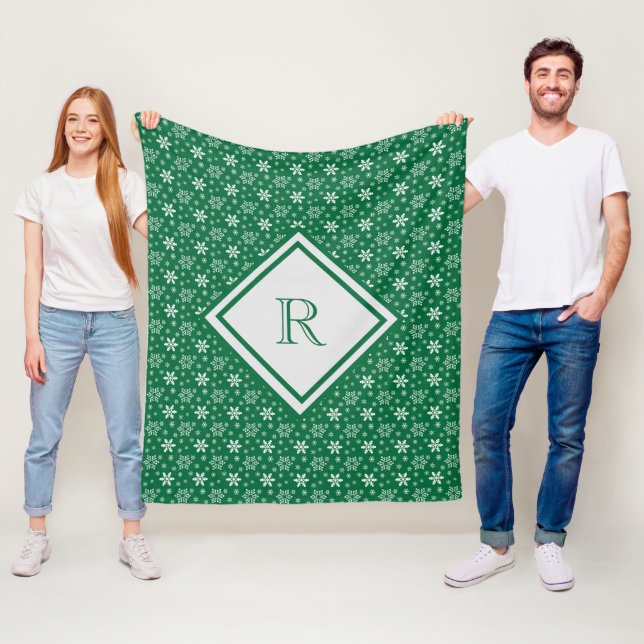 Monogram Green White Snowflakes Winter Weihnachten Fleecedecke (Beispiel)