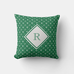 Monogram Green White Snowflakes Winter Weihnachten Kissen