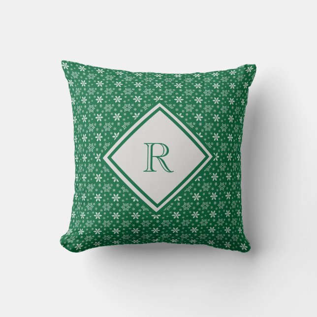 Monogram Green White Snowflakes Winter Weihnachten Kissen (Vorderseite)