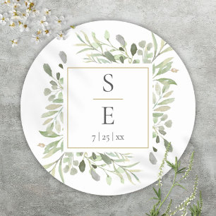 Monogram Greenerity Foliage Gold Wedding Runder Aufkleber