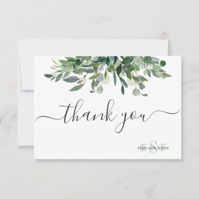 Monogram Greenery Blue Gum Eucalyptus Vielen Dank Dankeskarte (Vorderseite)
