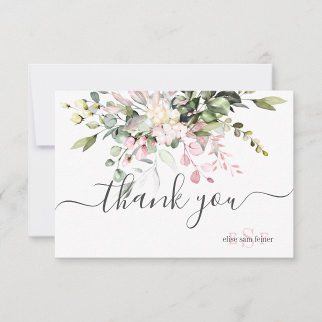 Monogram Greenery Blush Eukalyptus Flat Vielen Dan Dankeskarte (Vorderseite)