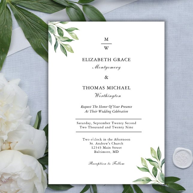 Monogram Greenery Elegant Moderne feierliche Hochz Einladung (Monogram Greenery Elegant Modern Wedding Invitation)