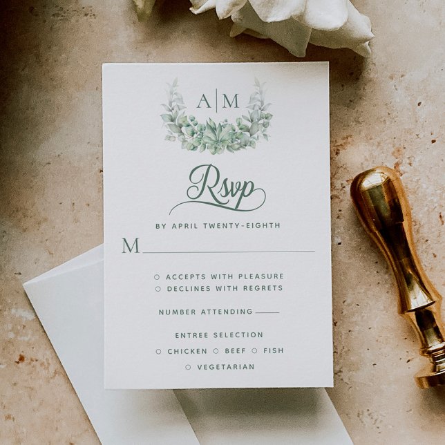 Monogram Greenery Elegant Wedding RSVP Karte (Von Creator hochgeladen)
