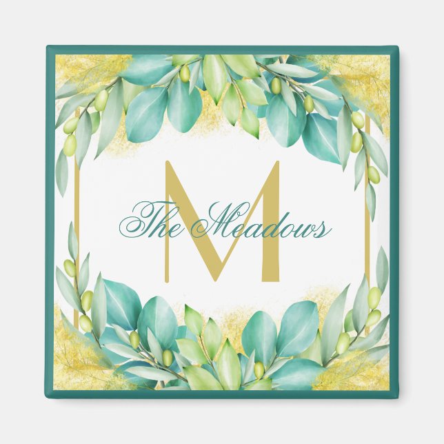 Monogram Greenery Eucalyptus Verlasse Olive Branch Magnet (Vorne)