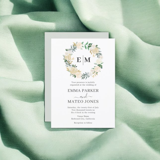 Monogram Greenery Floral Elegant White Wedding Einladung (Von Creator hochgeladen)
