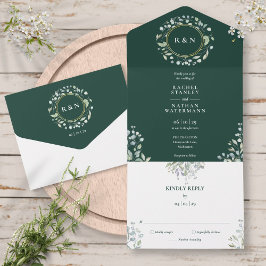 Monogram Greenery Floral Emerald Green Wedding All In One Einladung